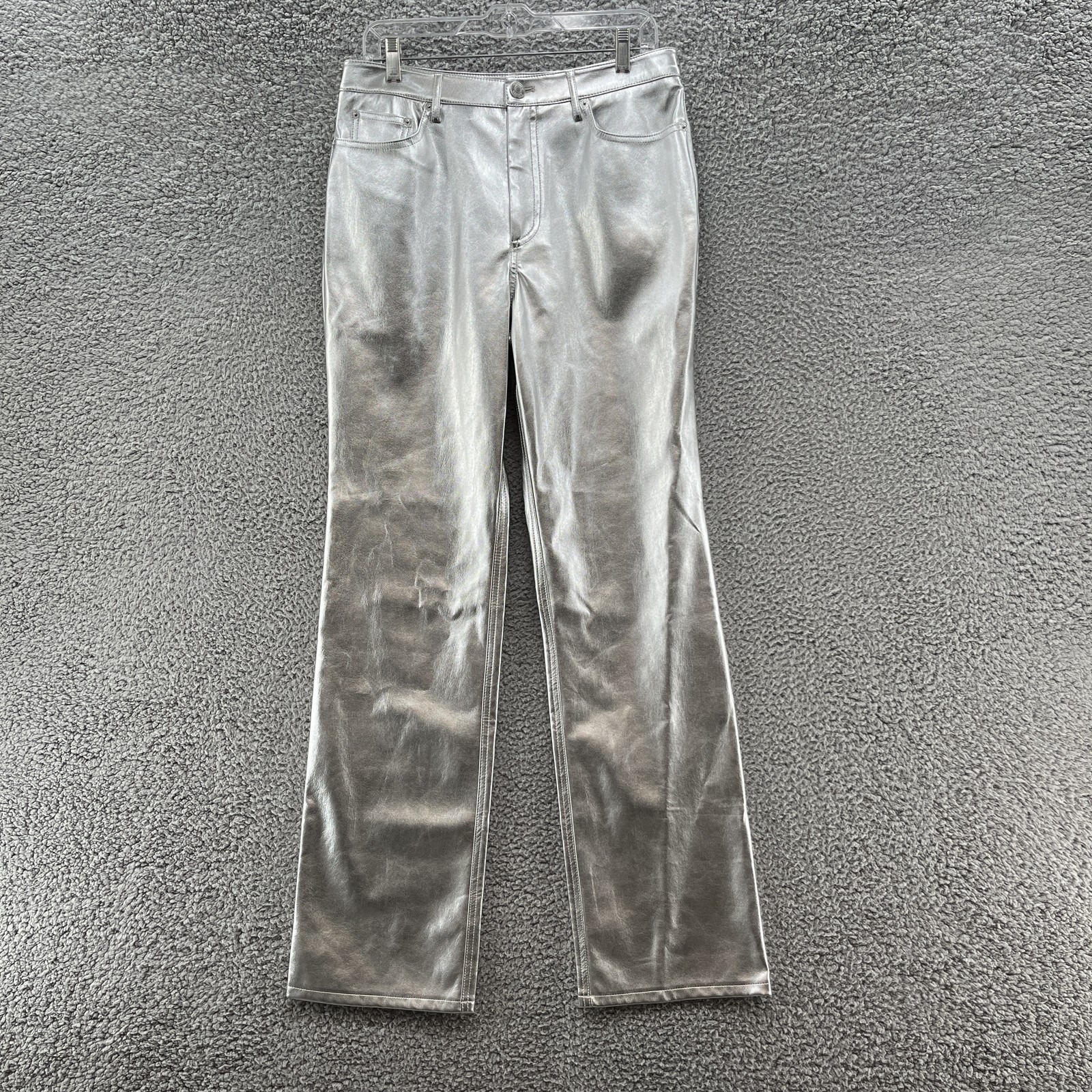 Staud Pants Womens 10 Silver Metallic Faux Leather Straight Leg High Rise Shiny